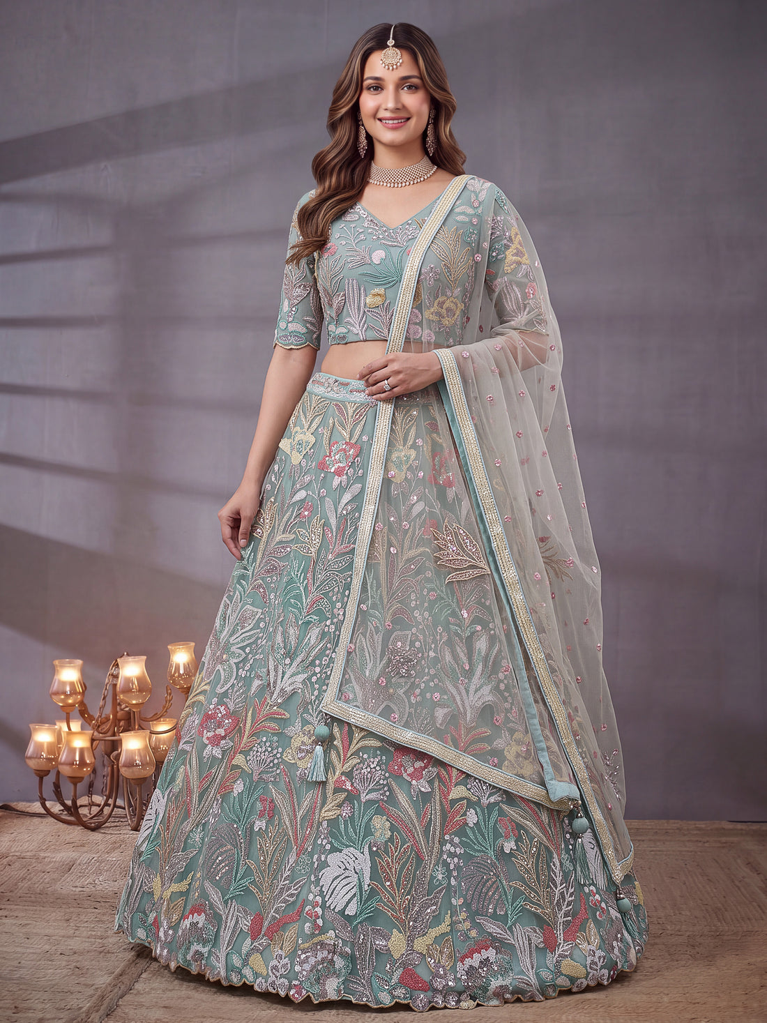 Elegant Sky Blue Floral Embroidered Lehenga Choli with Dupatta