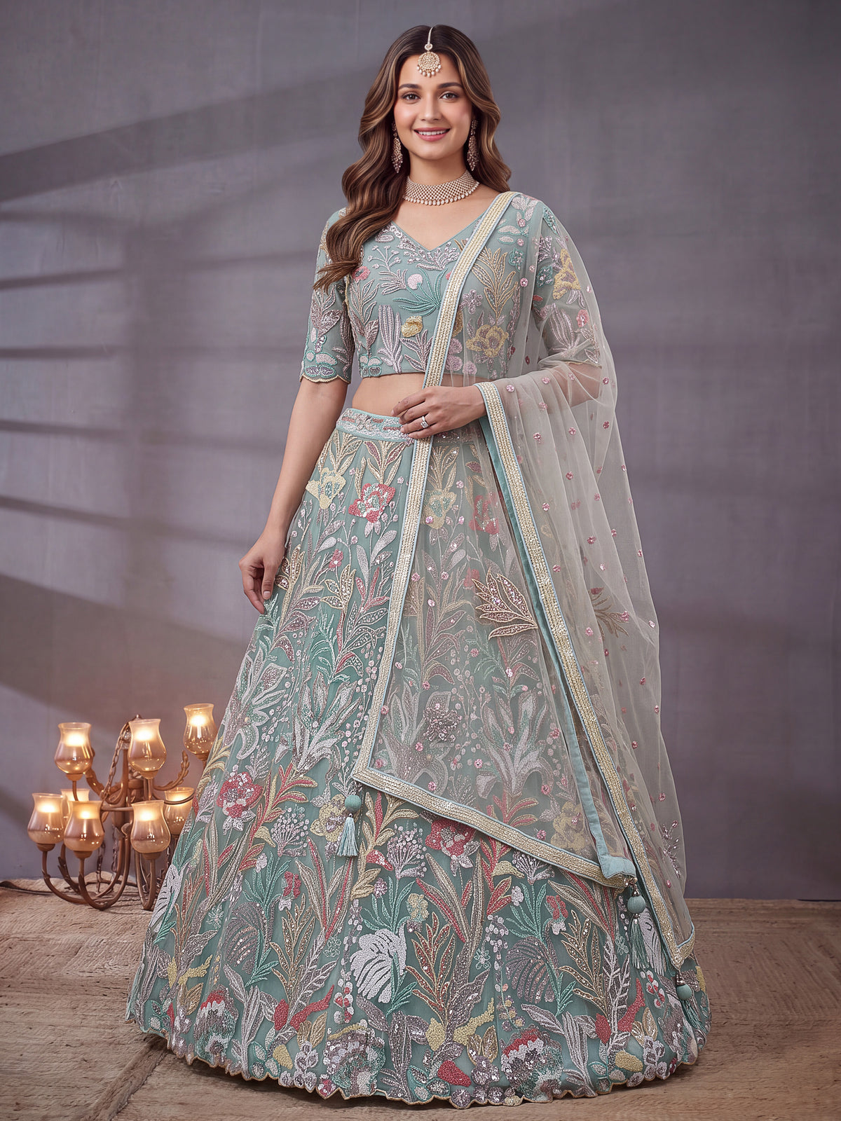 Elegant Sky Blue Floral Embroidered Lehenga Choli with Dupatta