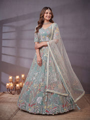 Elegant Sky Blue Floral Embroidered Lehenga Choli with Dupatta
