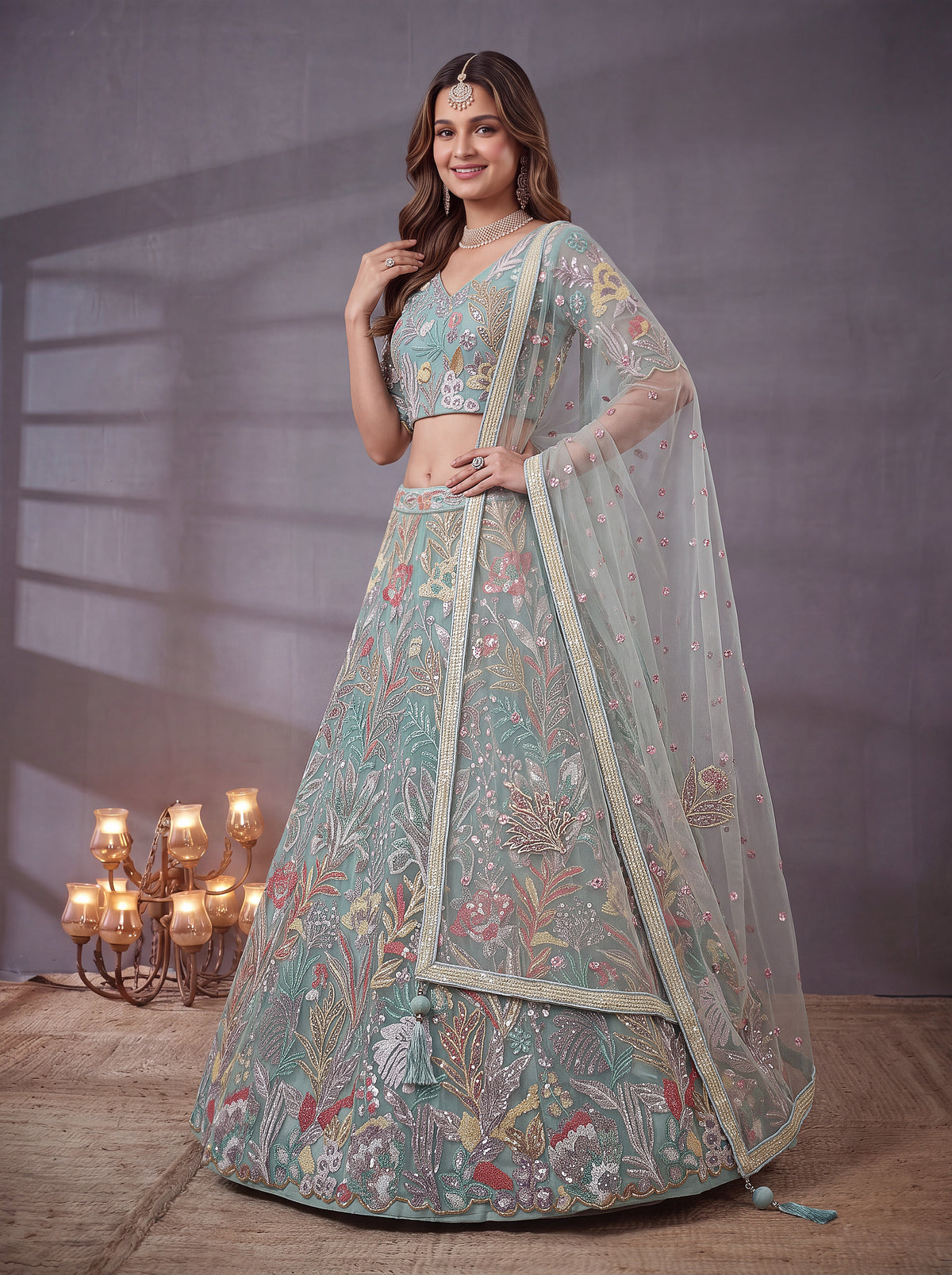 Elegant Sky Blue Floral Embroidered Lehenga Choli with Dupatta