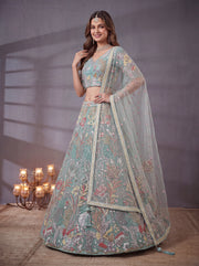 Elegant Sky Blue Floral Embroidered Lehenga Choli with Dupatta