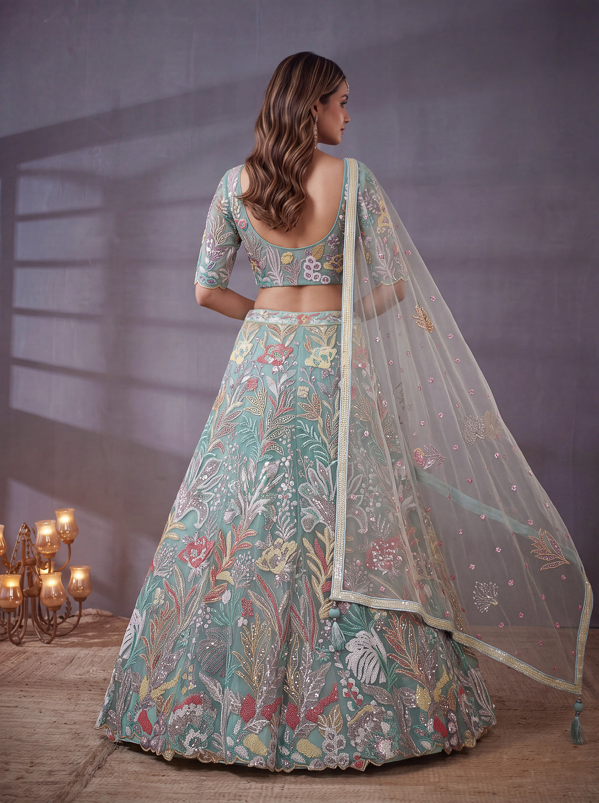 Elegant Sky Blue Floral Embroidered Lehenga Choli with Dupatta