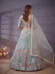 Elegant Sky Blue Floral Embroidered Lehenga Choli with Dupatta