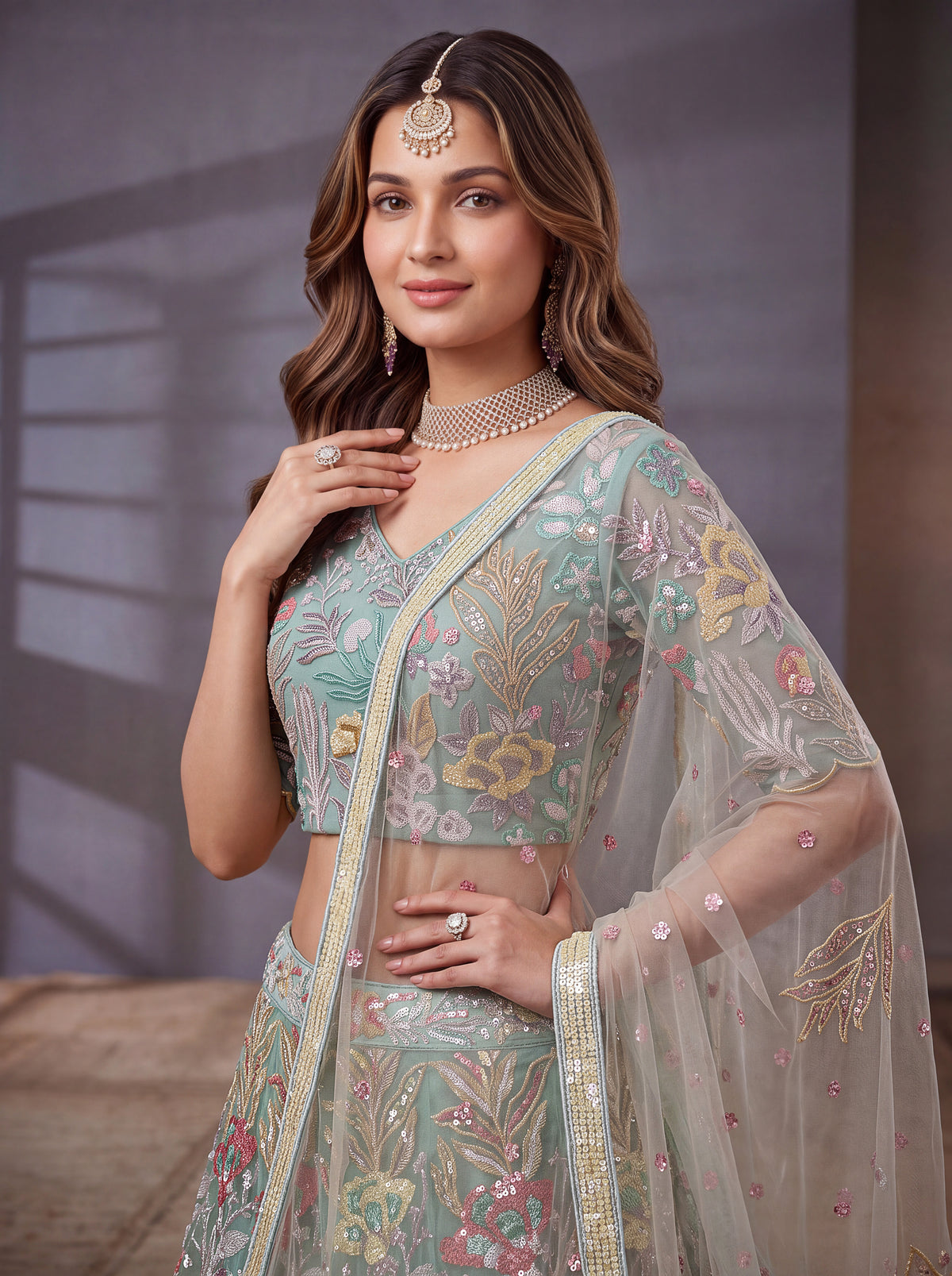 Elegant Sky Blue Floral Embroidered Lehenga Choli with Dupatta