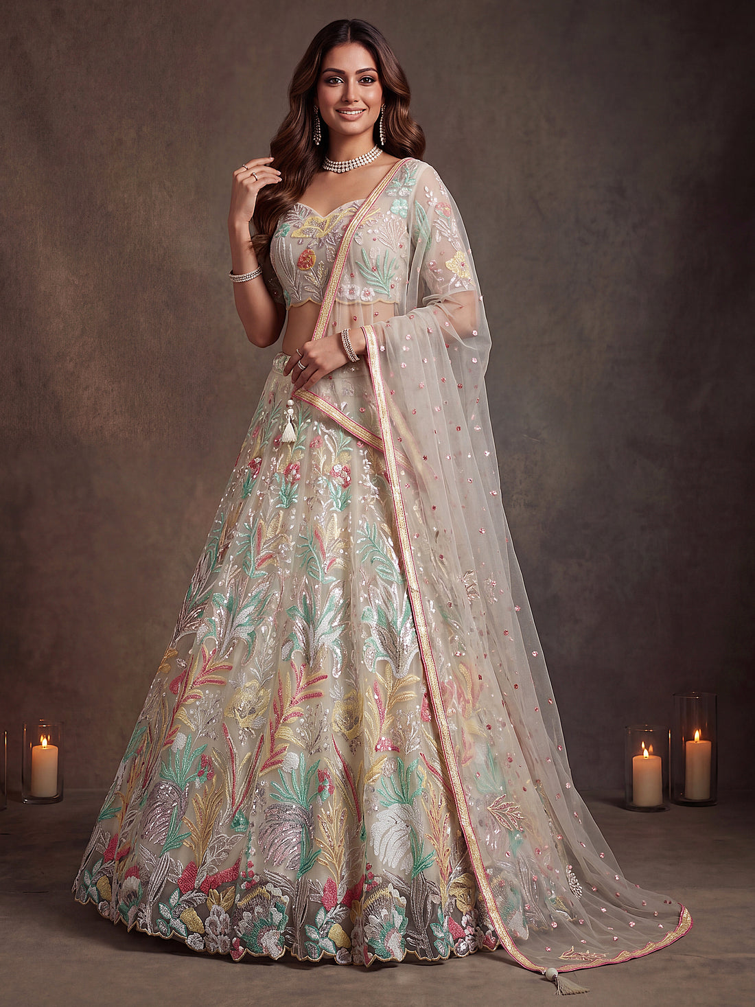 Elegant White Floral Embroidered Lehenga Choli with Dupatta