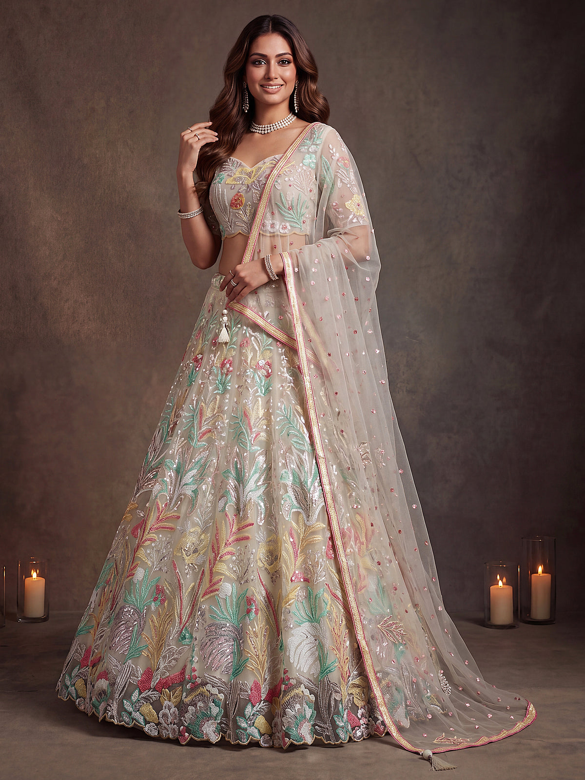 Elegant White Floral Embroidered Lehenga Choli with Dupatta