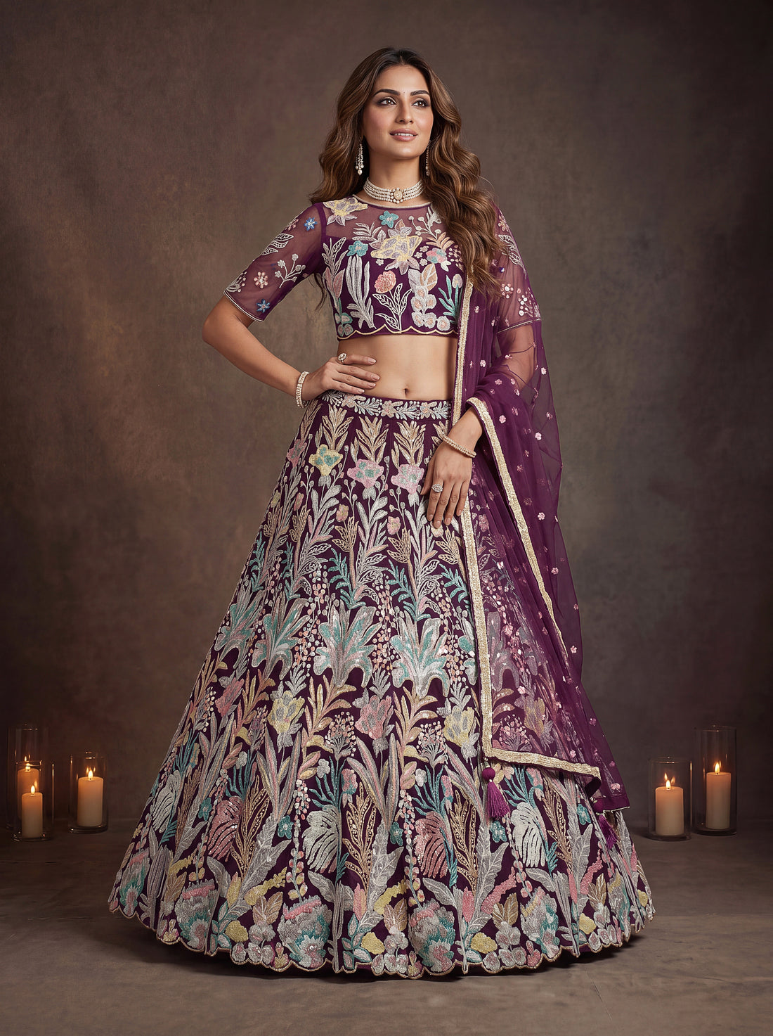 Elegant Wine Purple Floral Embroidered Lehenga Choli with Dupatta