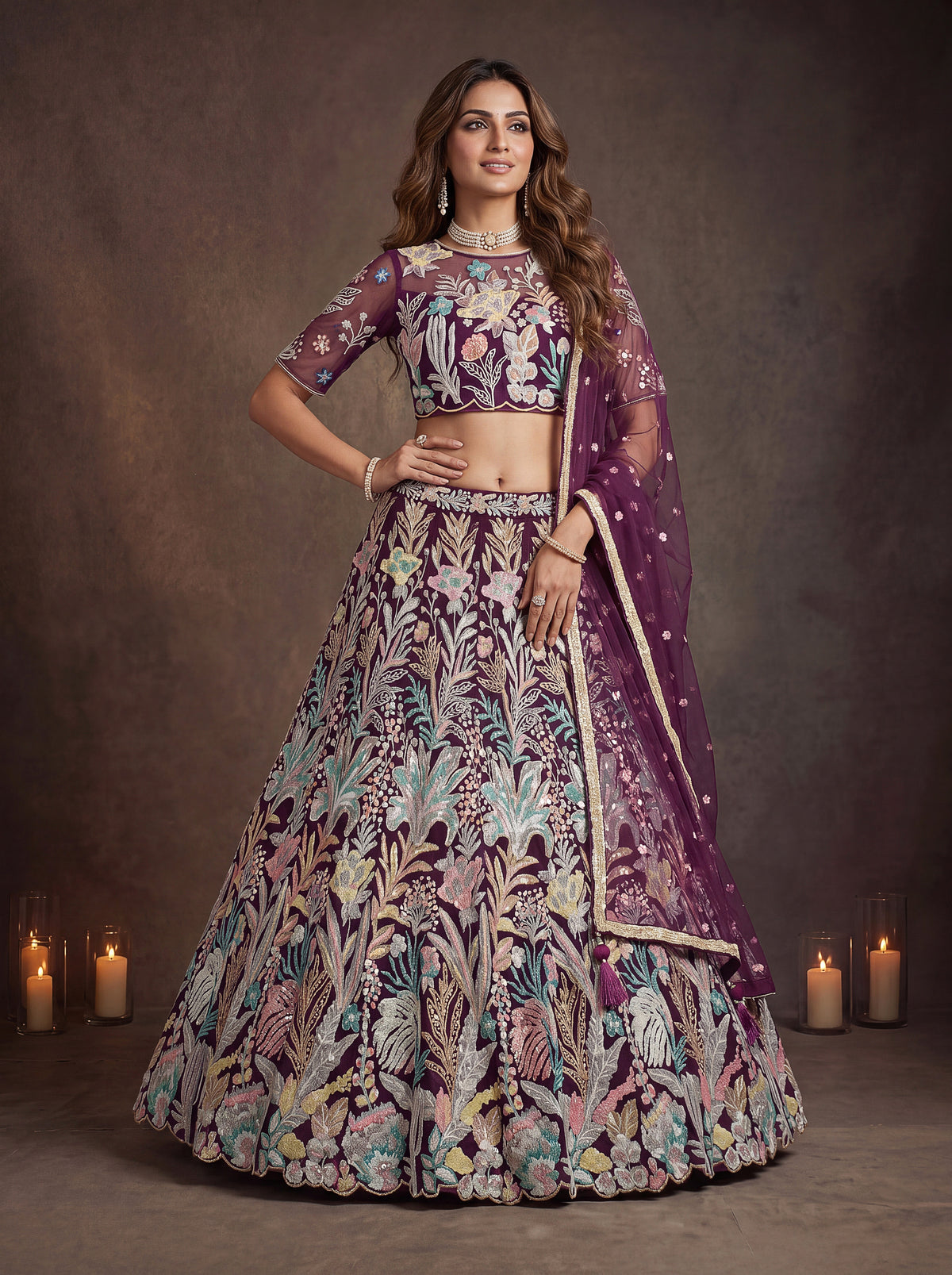 Elegant Wine Purple Floral Embroidered Lehenga Choli with Dupatta