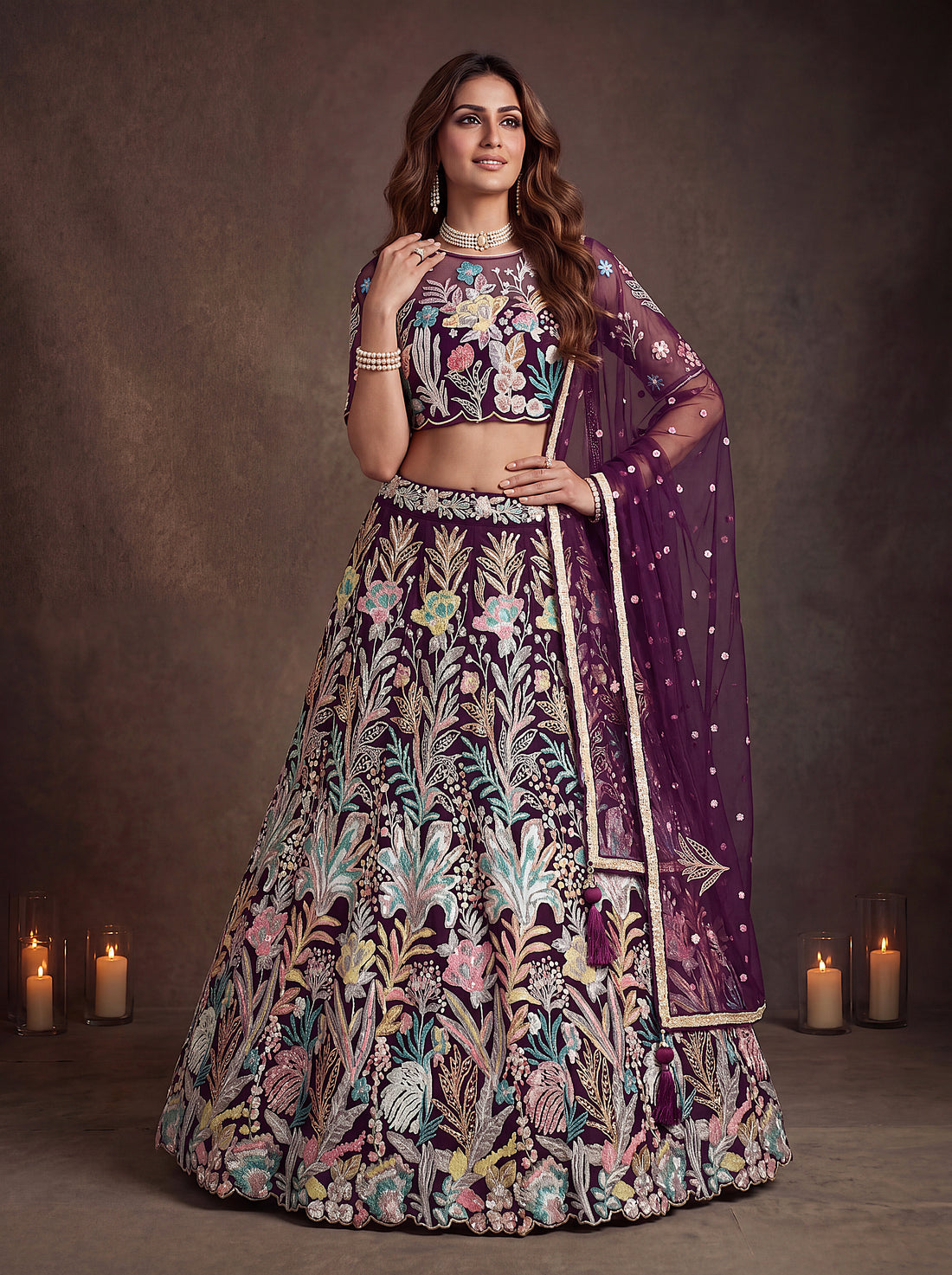 Elegant Wine Purple Floral Embroidered Lehenga Choli with Dupatta