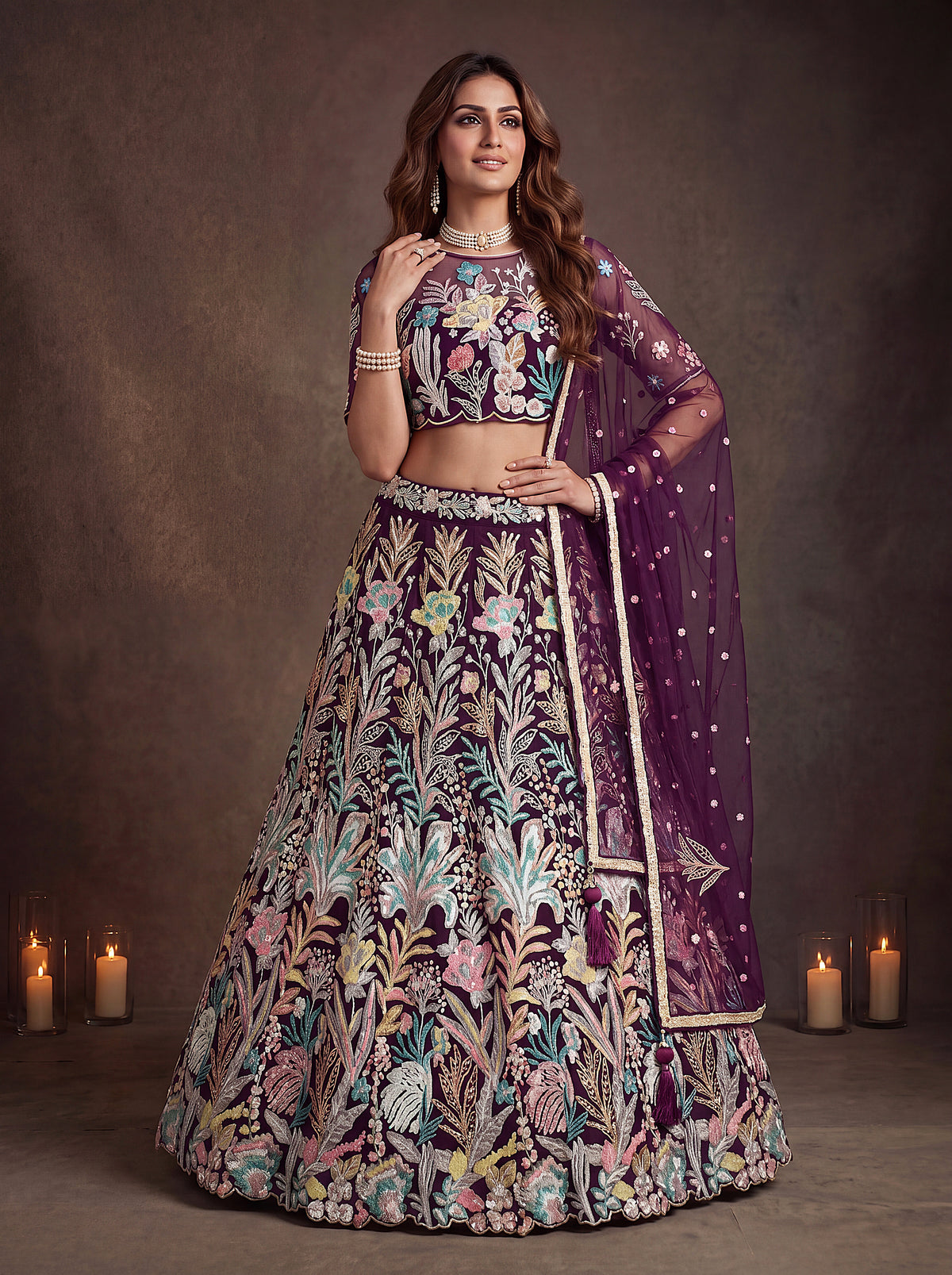 Elegant Wine Purple Floral Embroidered Lehenga Choli with Dupatta