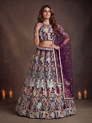 Elegant Wine Purple Floral Embroidered Lehenga Choli with Dupatta