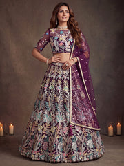 Elegant Wine Purple Floral Embroidered Lehenga Choli with Dupatta
