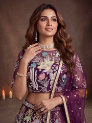 Elegant Wine Purple Floral Embroidered Lehenga Choli with Dupatta