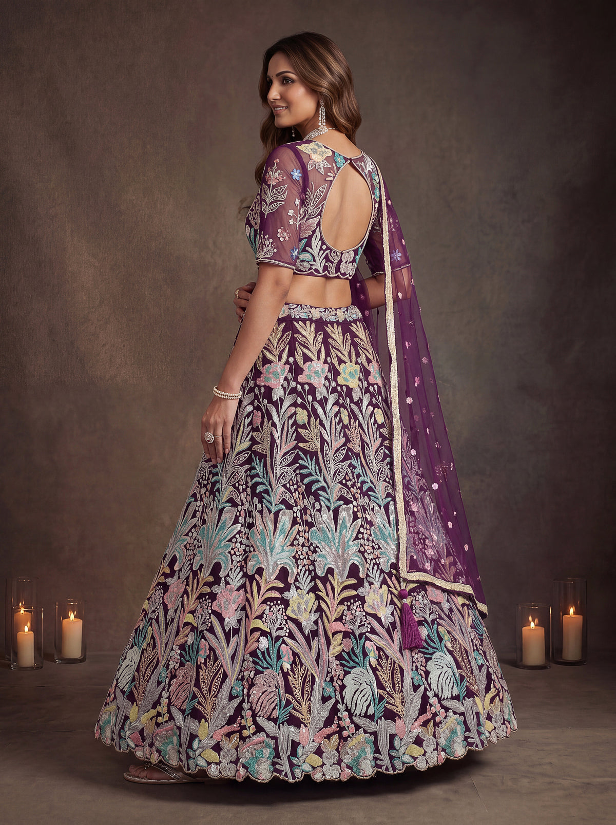 Elegant Wine Purple Floral Embroidered Lehenga Choli with Dupatta