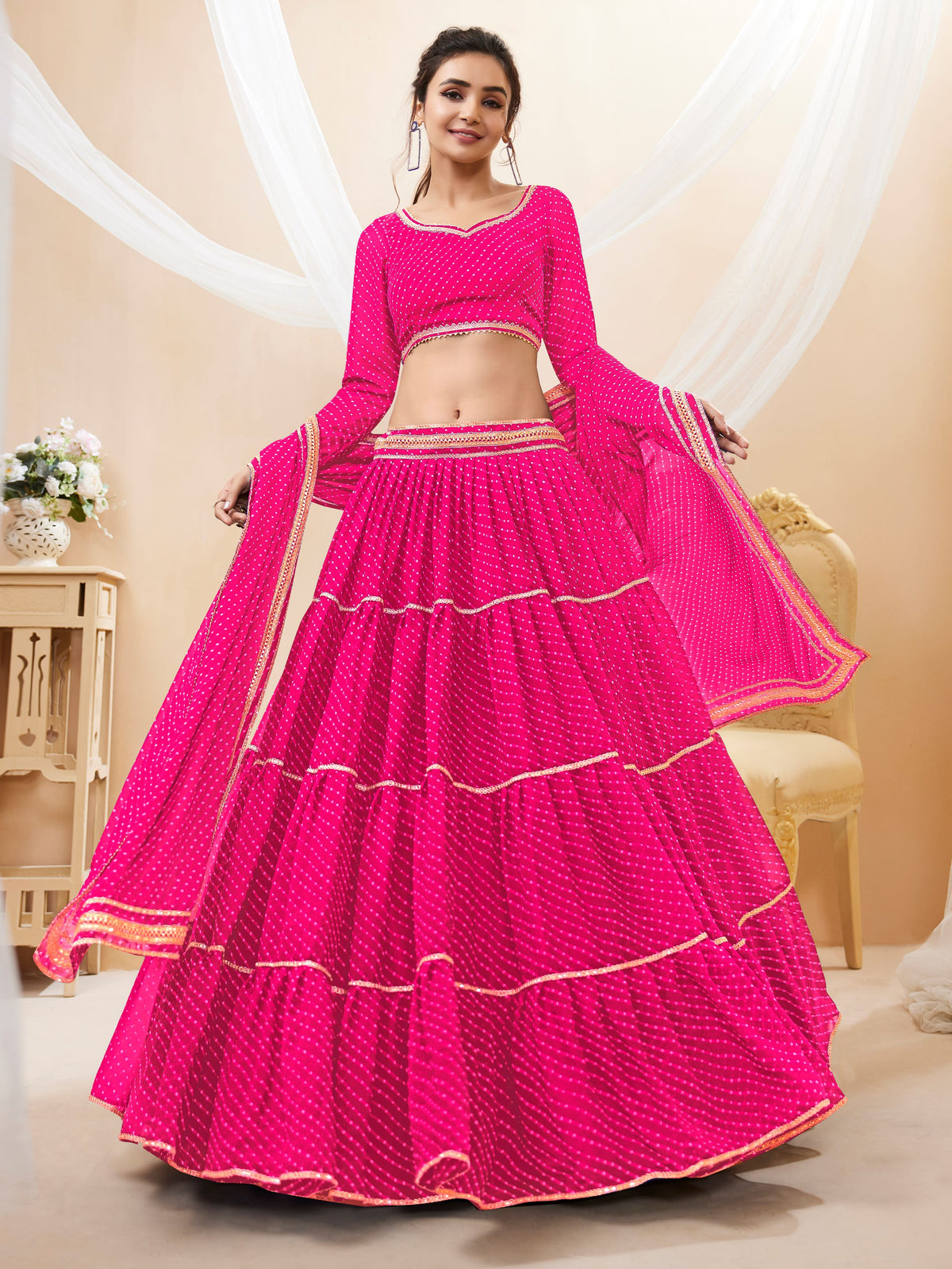 Hot Pink Tiered Lehenga Choli with Golden Lace Border