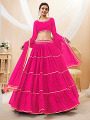 Hot Pink Tiered Lehenga Choli with Golden Lace Border