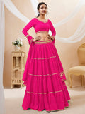 Hot Pink Tiered Lehenga Choli with Golden Lace Border
