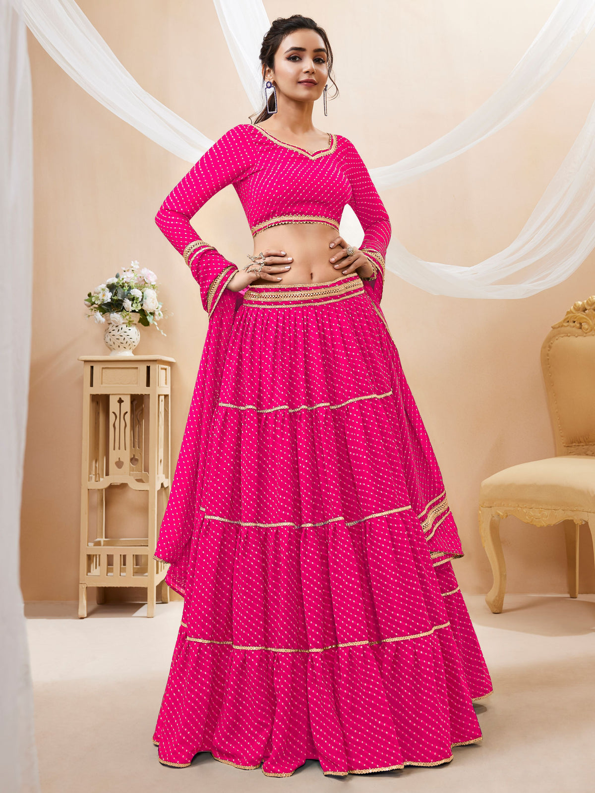 Hot Pink Tiered Lehenga Choli with Golden Lace Border