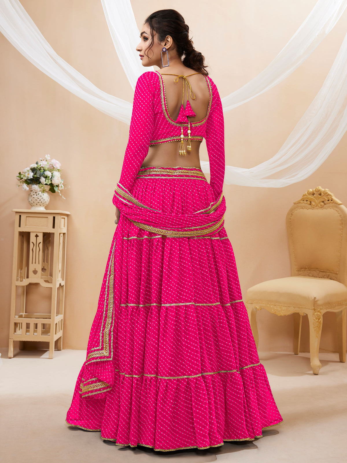 Hot Pink Tiered Lehenga Choli with Golden Lace Border
