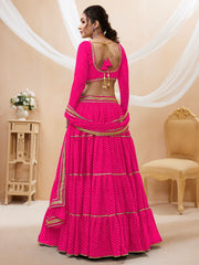 Hot Pink Tiered Lehenga Choli with Golden Lace Border