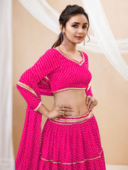 Hot Pink Tiered Lehenga Choli with Golden Lace Border