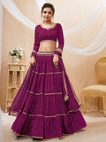 Wine Tiered Lehenga Choli with Golden Lace
