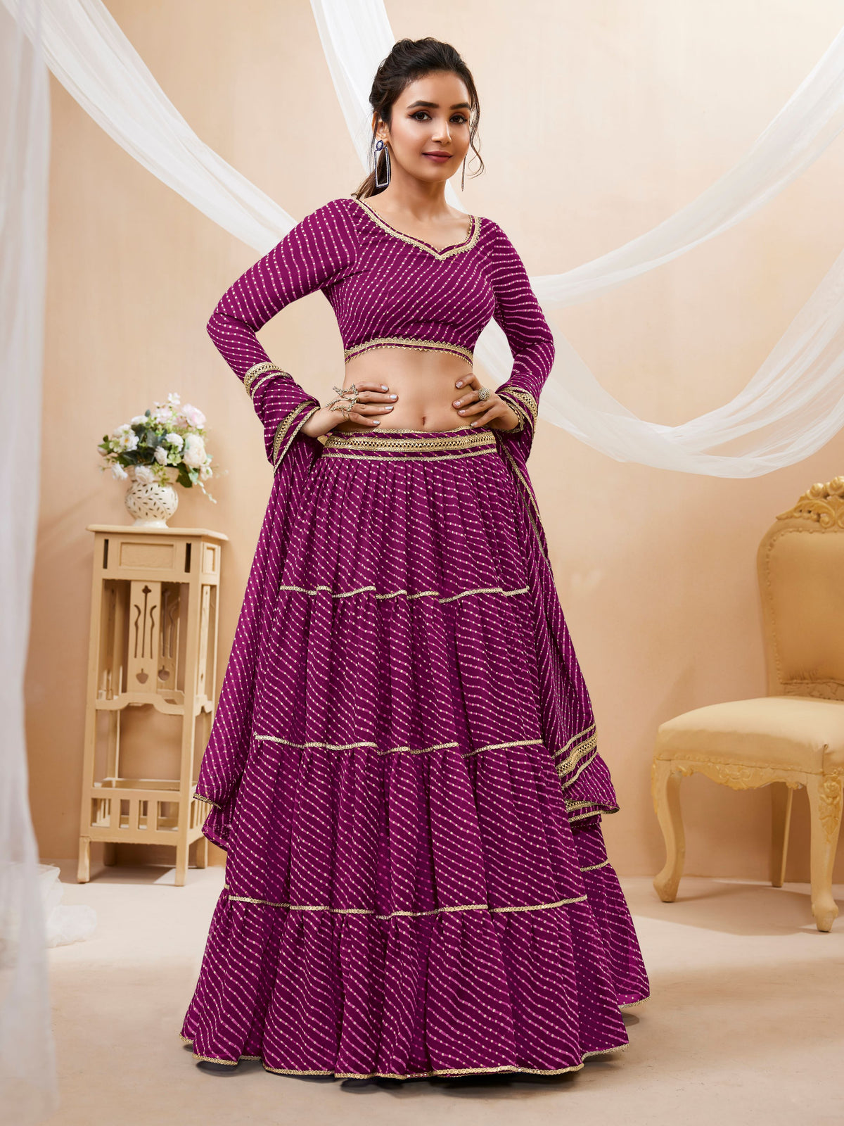 Wine Tiered Lehenga Choli with Golden Lace