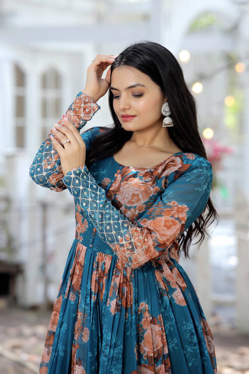 Timeless Floral Digital Printed Faux Georgette Designer Gown - Ethnicwish