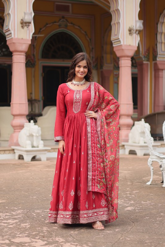 Stylish Chinon Rich Sequins Embroidered Fully Stitched Gown - Ethnicwish