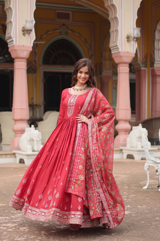 Stylish Chinon Rich Sequins Embroidered Fully Stitched Gown - Ethnicwish