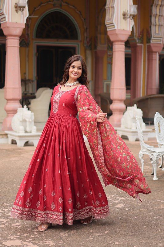 Stylish Chinon Rich Sequins Embroidered Fully Stitched Gown - Ethnicwish