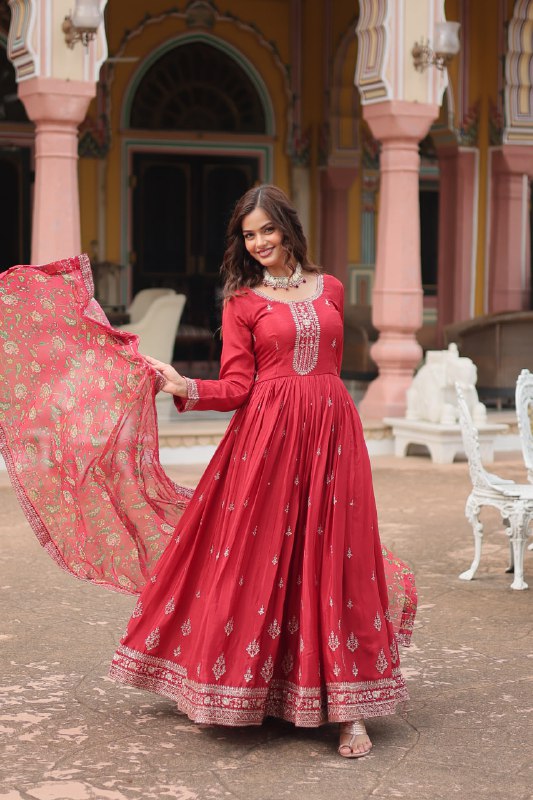Stylish Chinon Rich Sequins Embroidered Fully Stitched Gown - Ethnicwish