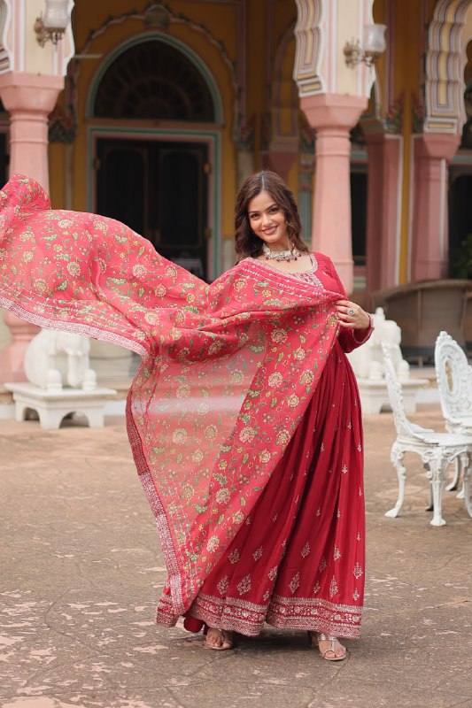 Stylish Chinon Rich Sequins Embroidered Fully Stitched Gown - Ethnicwish