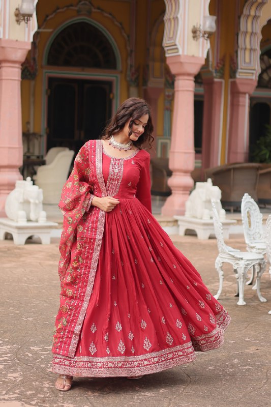Stylish Chinon Rich Sequins Embroidered Fully Stitched Gown - Ethnicwish