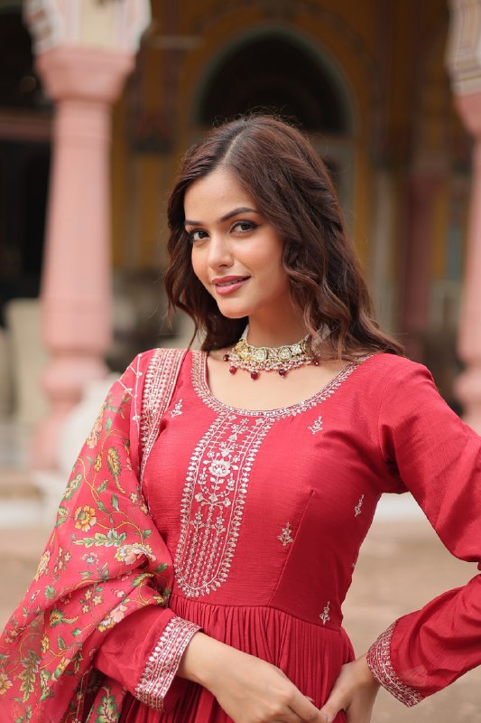 Stylish Chinon Rich Sequins Embroidered Fully Stitched Gown - Ethnicwish