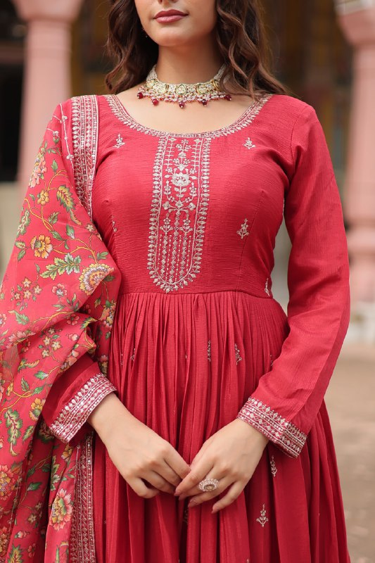 Stylish Chinon Rich Sequins Embroidered Fully Stitched Gown - Ethnicwish