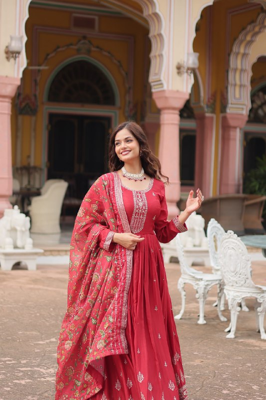 Stylish Chinon Rich Sequins Embroidered Fully Stitched Gown - Ethnicwish