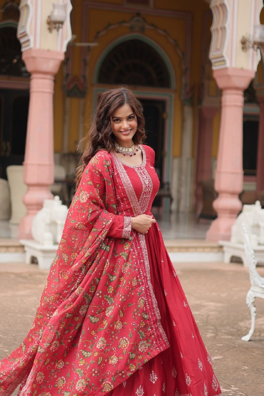 Stylish Chinon Rich Sequins Embroidered Fully Stitched Gown - Ethnicwish