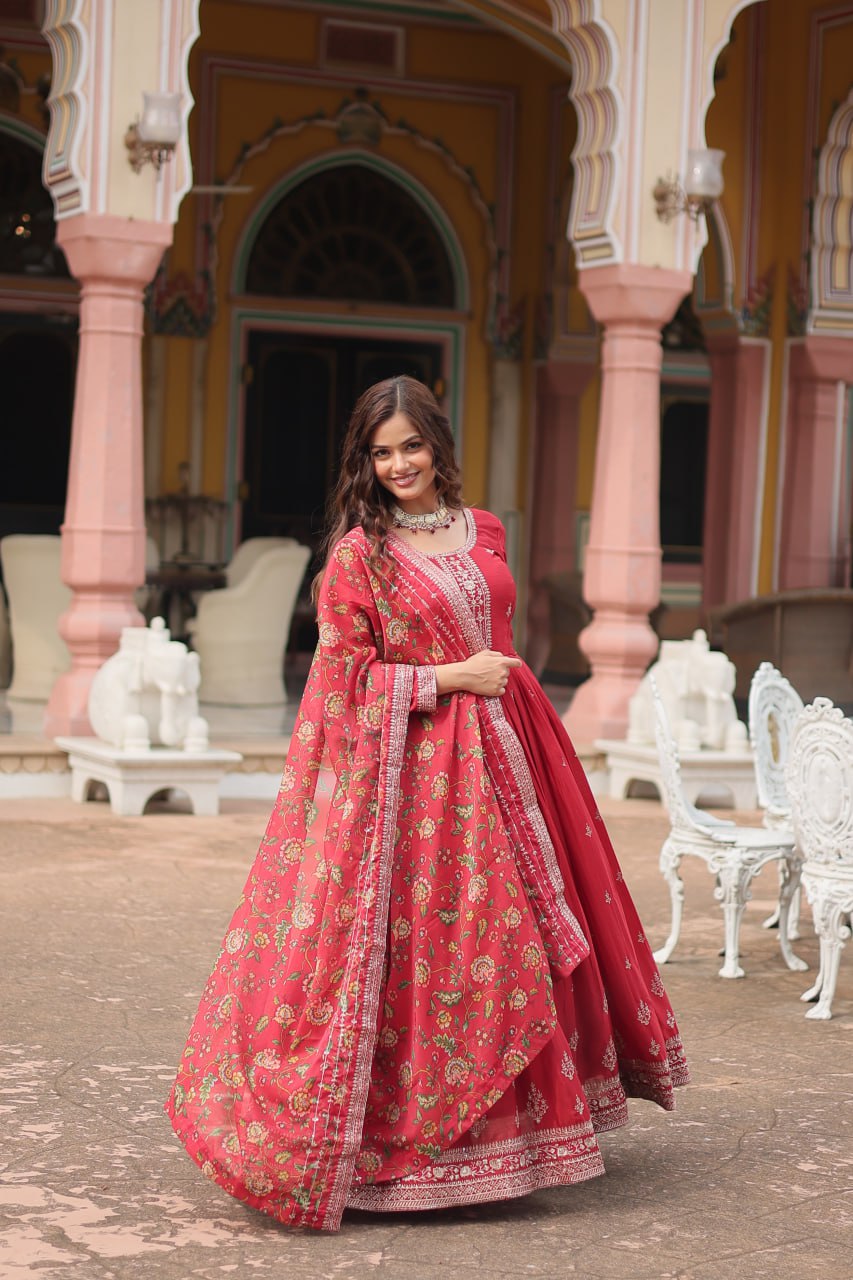 Stylish Chinon Rich Sequins Embroidered Fully Stitched Gown - Ethnicwish