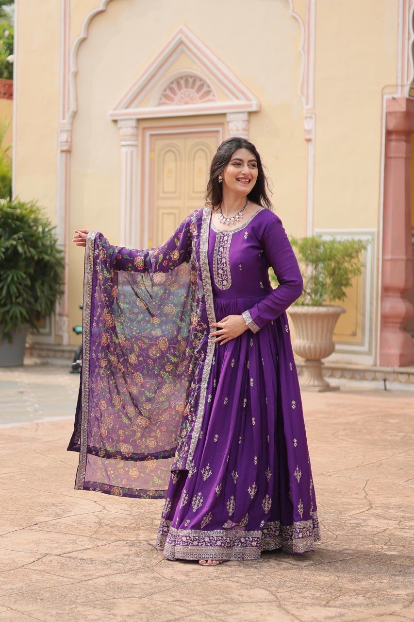 Stylish Chinon Rich Sequins Embroidered Fully Stitched Gown - Ethnicwish