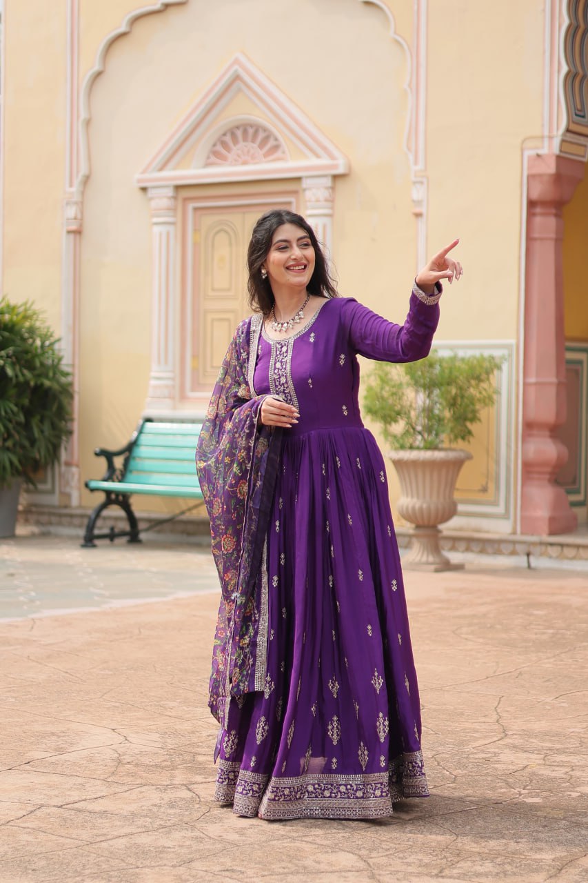 Stylish Chinon Rich Sequins Embroidered Fully Stitched Gown - Ethnicwish