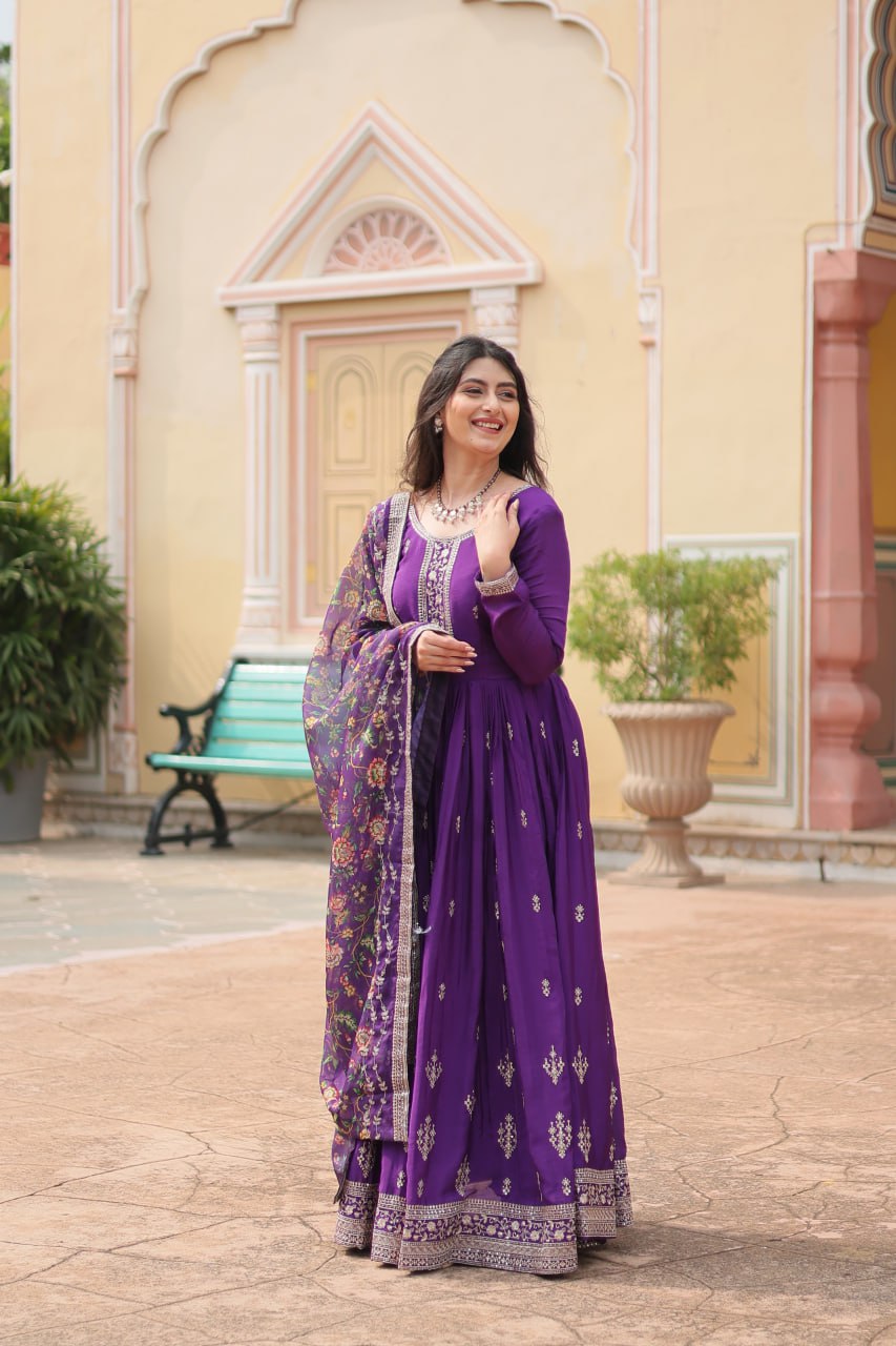 Stylish Chinon Rich Sequins Embroidered Fully Stitched Gown - Ethnicwish