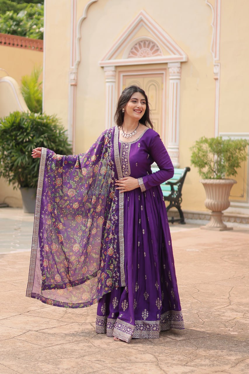 Stylish Chinon Rich Sequins Embroidered Fully Stitched Gown - Ethnicwish