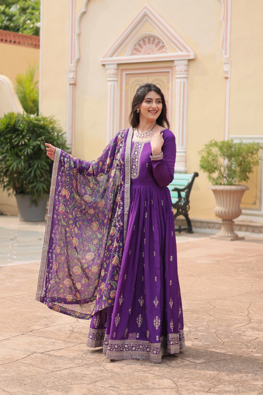 Stylish Chinon Rich Sequins Embroidered Fully Stitched Gown - Ethnicwish