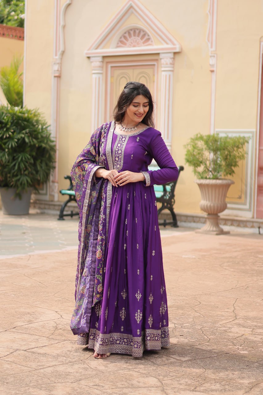 Stylish Chinon Rich Sequins Embroidered Fully Stitched Gown - Ethnicwish