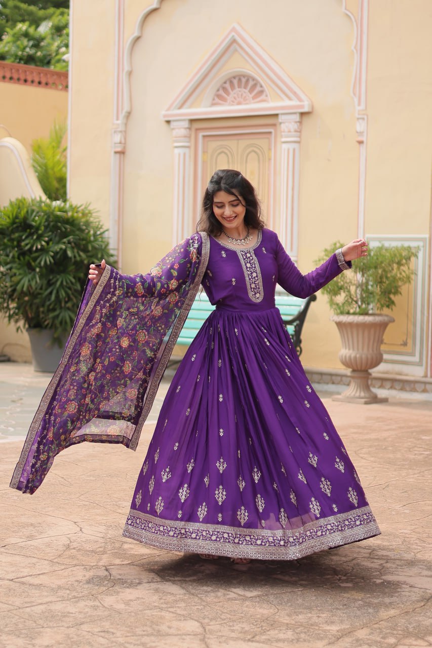 Stylish Chinon Rich Sequins Embroidered Fully Stitched Gown - Ethnicwish