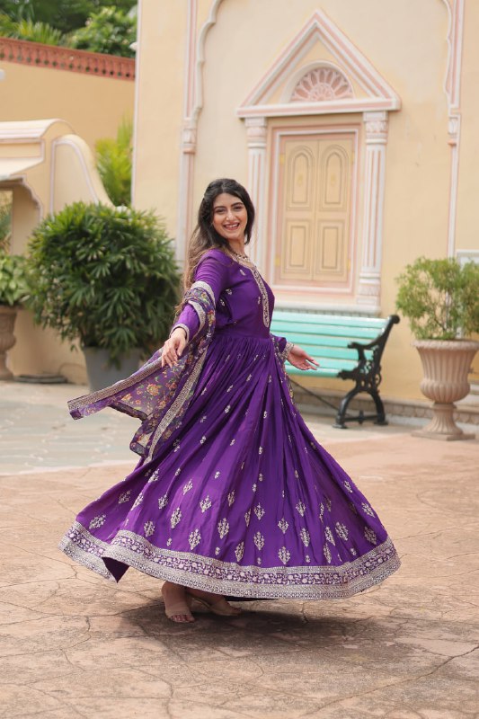 Stylish Chinon Rich Sequins Embroidered Fully Stitched Gown - Ethnicwish