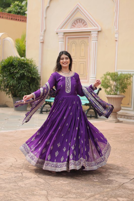 Stylish Chinon Rich Sequins Embroidered Fully Stitched Gown - Ethnicwish
