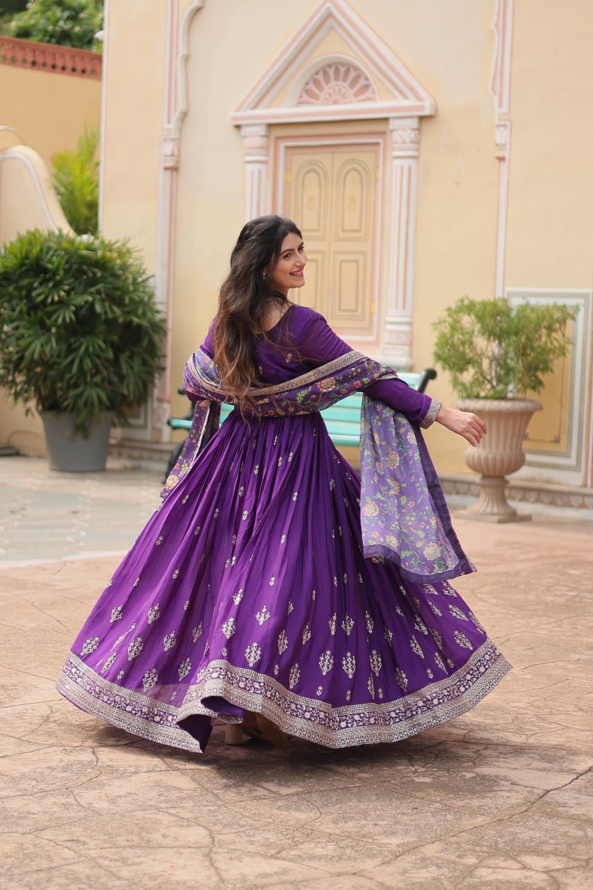 Stylish Chinon Rich Sequins Embroidered Fully Stitched Gown - Ethnicwish