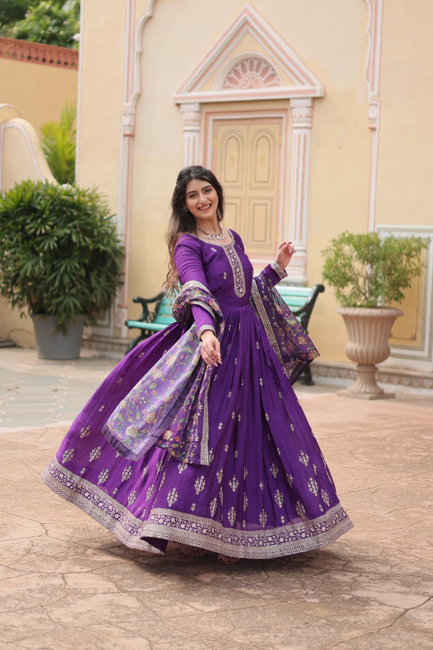 Stylish Chinon Rich Sequins Embroidered Fully Stitched Gown - Ethnicwish